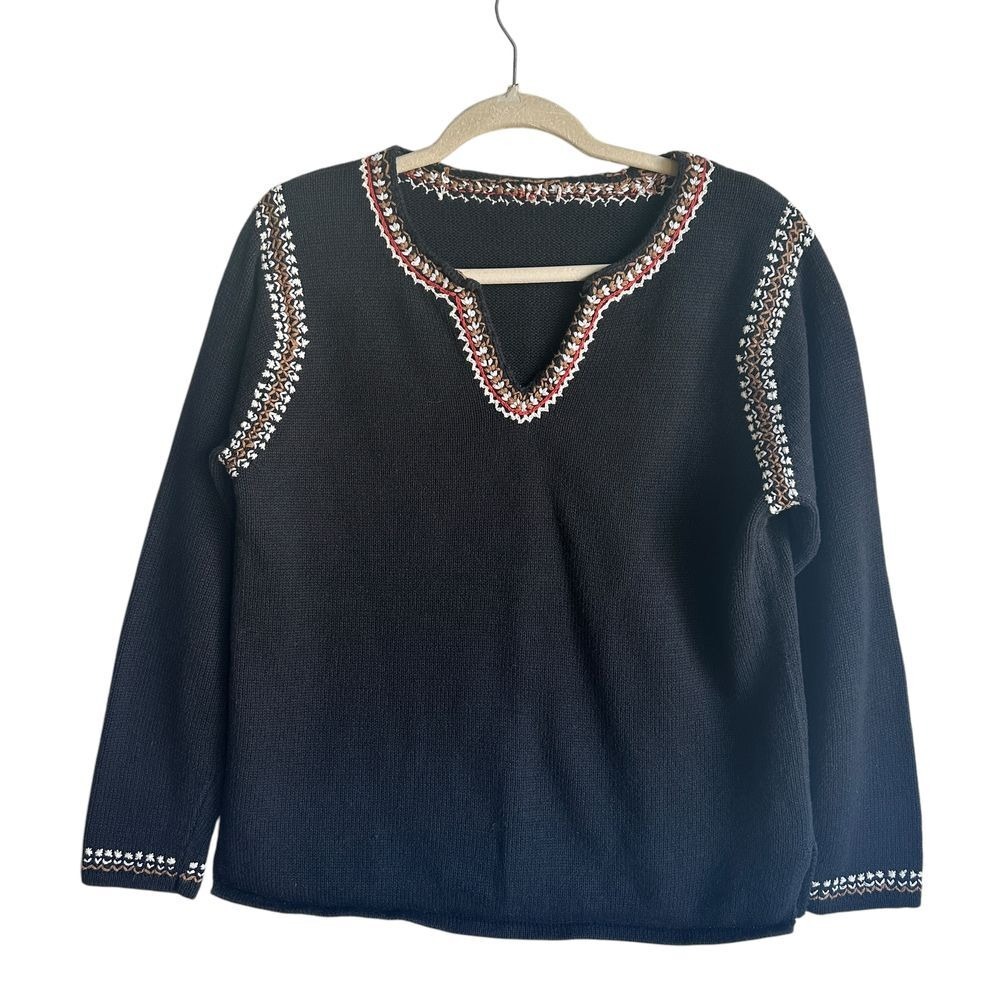 Vintage Knit Sweater Black Embroidered V Neck Goth Withcore Grandma Large